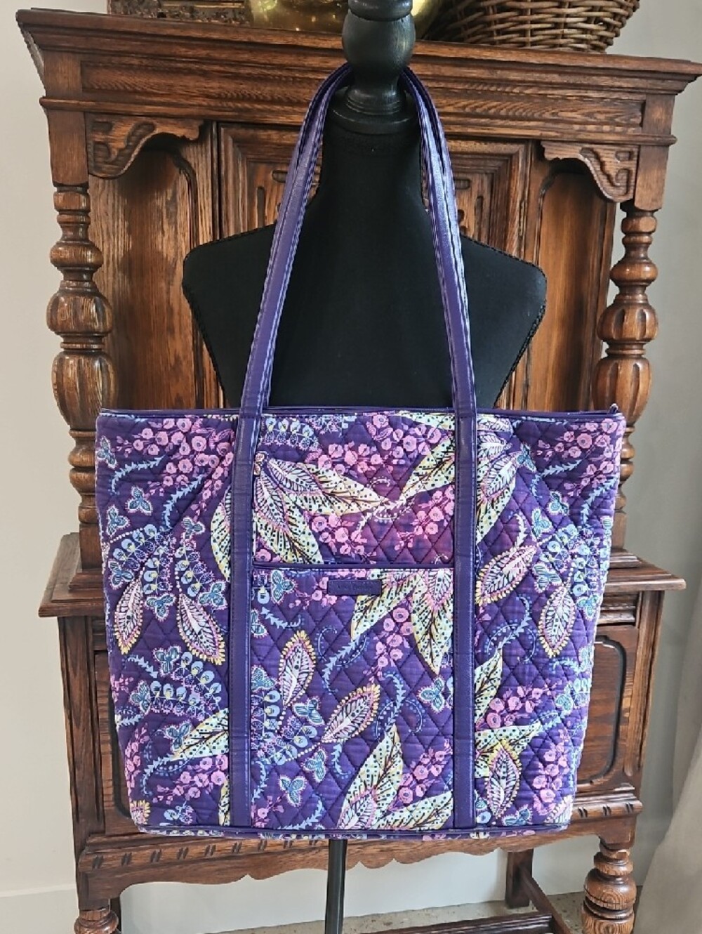 Vera Bradley Iconic Tote Purple Quilted Tote Bag with Floral Paisley Print - Picture 2 of 5